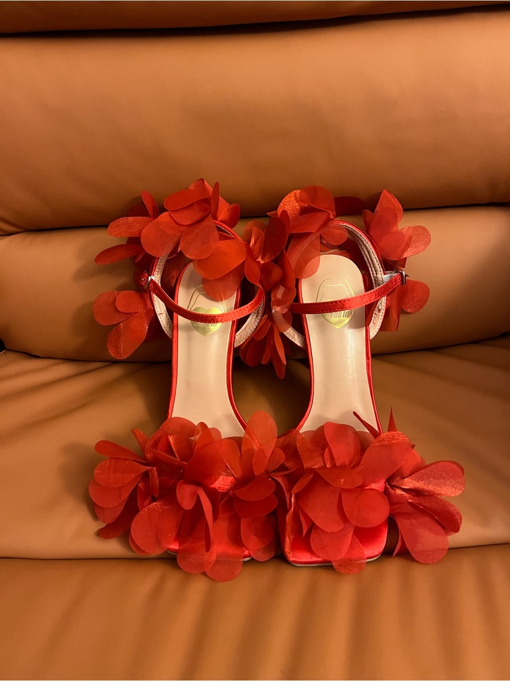 SHEIN Red Floral Appliqué Heeled Sandals
